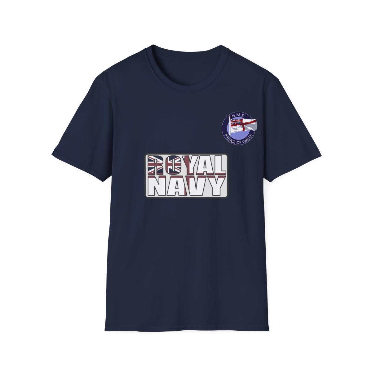 HMS Prince of Wales T-shirt in navy blue, front view.